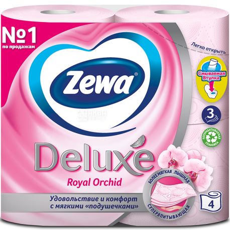 Zewa Deluxe Royal Orchid, 4 рул., Туалетная бумага Зева Делюкс Роял, Орхидея, 3-х слойная