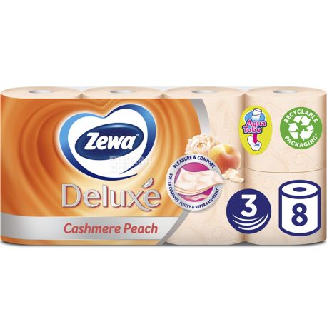 Zewa Deluxe Cashmere Peach, 8 рул., Туалетная бумага Зева Делюкс, Персик, 3-х слойная