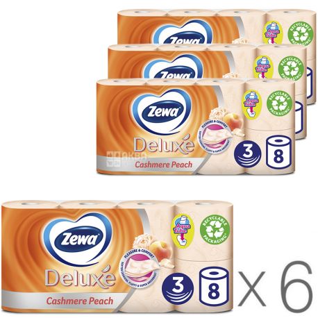 Zewa Deluxe, Toilet paper, three-layer, peach flavor, 6 packs of 8 rolls