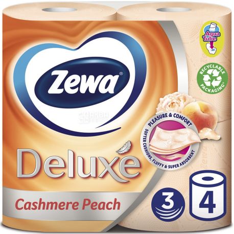 Zewa Deluxe Cashmere Peach, 4 рул., Туалетная бумага Зева Делюкс, Персик, 3-х слойная