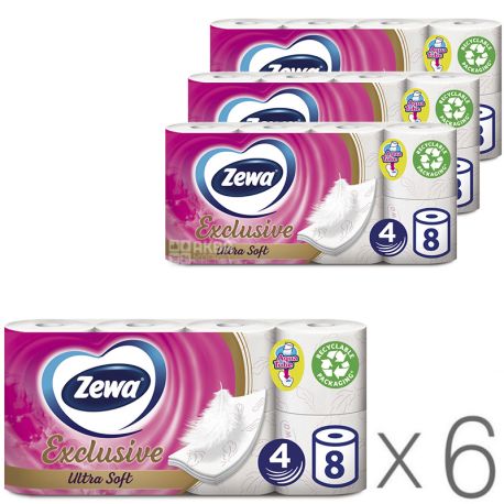 Zewa Exclusive Ultra Soft, Упаковка 6 шт. по 8 рул., Туалетная бумага Зева Эксклюзив, Ультра Софт, 4-х слойная