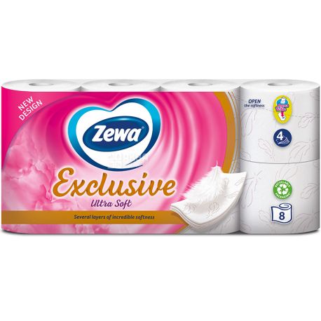Zewa Exclusive Ultra Soft, 8 рул., Туалетний папір Зева Ексклюзив, Ультра Софт, 4-х шаровий