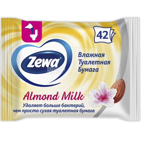 Zewa Мoist Almond Milk, 42 листа, Влажная туалетная бумага Зева, Миндальное Молочко