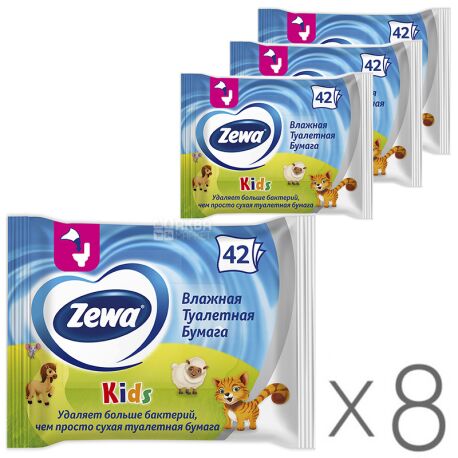 Zewa Kids, 8 упаковок по 42 листа, Туалетная бумага Зева Кидс, для детей, влажная