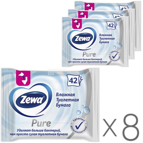 Zewa Pure, 8 упаковок по 42 листа, Туалетная бумага Зева Пьюр, Влажная