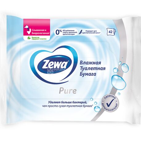  Zewa Pure, 42 аркуші, Вологий туалетний папір Зева, П'юр 