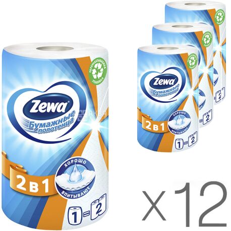 Zewa, 12 упаковок по 1 рул., Паперові рушники Зева, 2-шарові, 28 м, 120 аркушів, 13х13 см