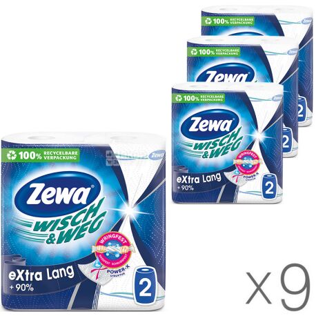 Zewa, Wisch & Weg Classic, 9 упаковок по 2 рул., Бумажные полотенца Зева, 2-х слойные, 19 м, 86 листов, 23х12 см