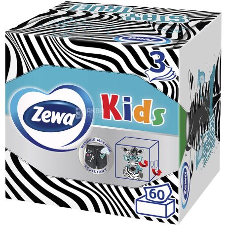 Zewa Kids Zoo Cube, 60 шт., Салфетки Зева Кидс, 3-х слойные, 21х21 см, в ассортименте