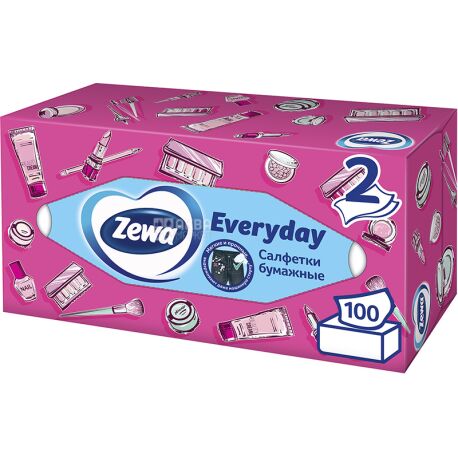 Zewa Everyday, 100 шт., Серветки косметичні Зева, 2-шарові, 20 х 21 см, в асортименті