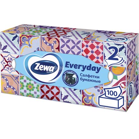 Zewa Everyday, 100 шт., Салфетки косметические Зева, 2-х слойные, 20 х 21 см, в ассортименте