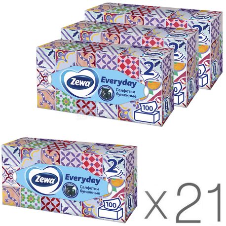 Zewa Everyday, 21 упаковка х 100 шт., Серветки косметичні Зева, 2-шарові, 20 х 21 см, в асортименті