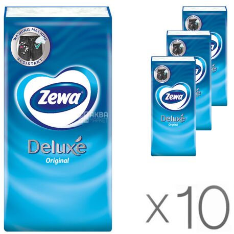 Zewa Deluxe, 10 упаковок по 10 шт., Хусточки носові паперові Зева Делюкс, 3-х шарові