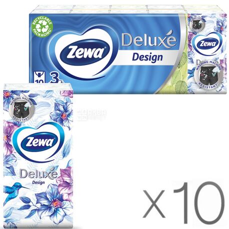 Zewa Deluxe, 10 упаковок по 10 шт., Платочки носовые бумажые Зева Делюкс, 3-х слойные