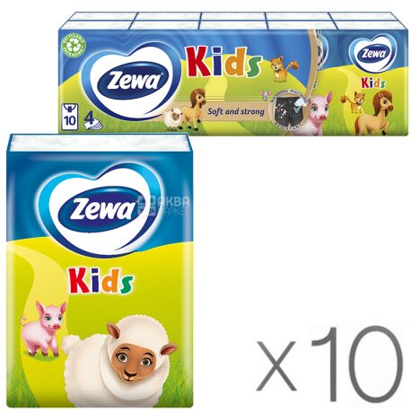 Zewa Kids, 10 упаковок по 10 шт., Платочки носовые Зева, Детские, 2-х слойные