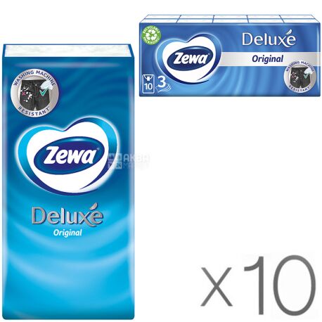 Zewa Deluxe, 10 упаковок по 10 шт., Платочки носовые бумажые Зева Делюкс, 3-х слойные