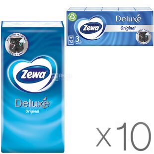 Zewa Deluxe, Упаковка 10 шт. х 10 шт., Платочки бумажные Зева, трехслойные