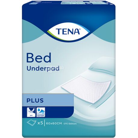 Tena Bed Plus, 5 шт., Тена Бед Плюс, Пелюшки одноразові вбираючі, розмір 60x60 см