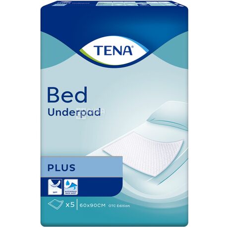 Tena Bed Plus, 5 шт., Тена Бед Плюс, Пеленки одноразовые впитывающие, размер 60x90 см 