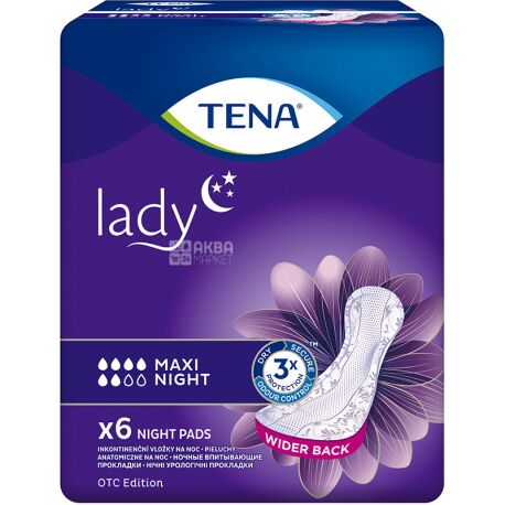 Tena, Lady Maxi Night, 6 шт, Урологічні прокладки, нічні, 6 крапель, без крилець