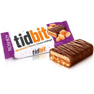 Roshen, TidBit, 50 г, Рошен ТідБіт, Батончик шоколадний з нугою, карамеллю і арахісом