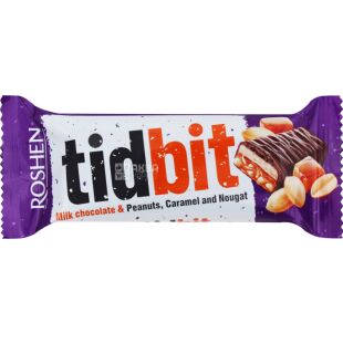 Roshen, TidBit, 50 г, Рошен ТідБіт, Батончик шоколадний з нугою, карамеллю і арахісом