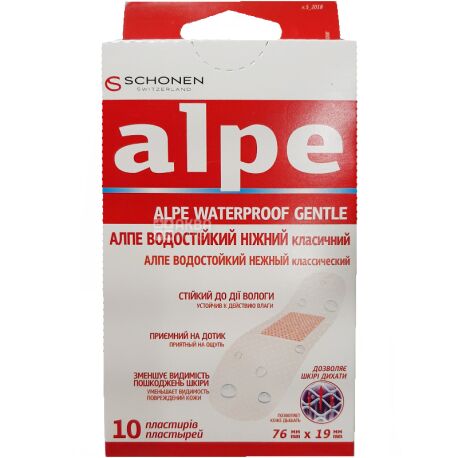 Alpe, Waterproof Gentle, 10 pcs., Waterproof plaster, delicate, classic, 76 mm х 19 mm