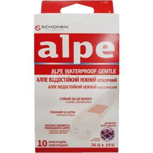 Alpe, Waterproof Gentle, 10 шт., Пластир водостійкий, ніжний, класичний, 76 мм х 19 мм