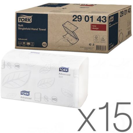 Tork Universal, Полотенца бумажные Торк, 2-х слойные, V-сложения, белые, 15 упаковок х 250 шт., 23х24 см