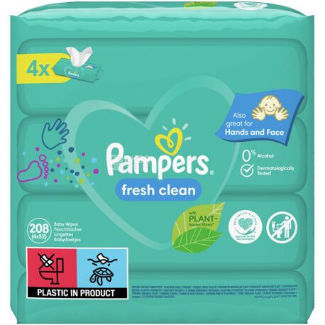 Pampers Fresh Clean, 4 х 52 шт., Памперс, Серветки вологі дитячі, без клапана