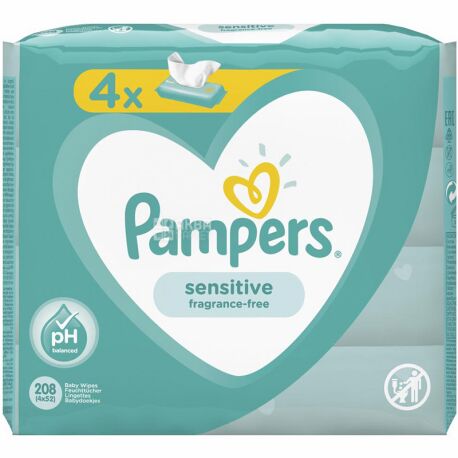 Pampers Sensitive, 4 х 52 шт., Памперс, Серветки вологі дитячі, без клапана