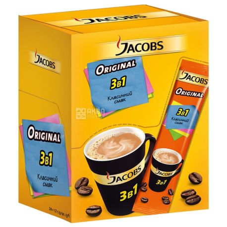 Jacobs Original, 3 в 1, 24 шт. х 12 г, Кофейный напиток Якобс Ориджинал, Классический, в стиках