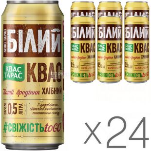 Квас Тарас, Упаковка 24 шт х 0,5 л, Квас хлебный, белый, натуральный, ж/б