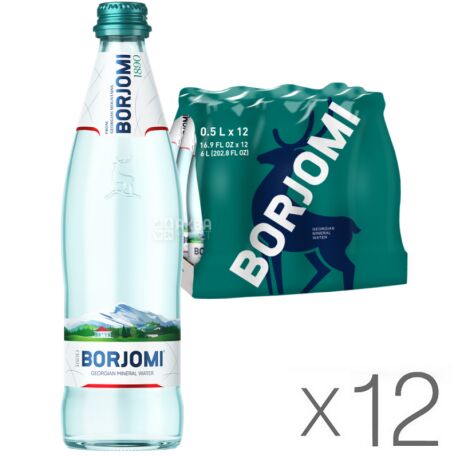 Borjomi, 0,5 л, Упаковка 12 шт., Боржоми, Вода минеральная сильногазированная, стекло