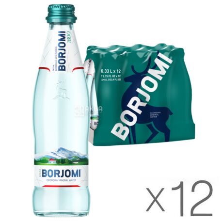 Borjomi, 0,33 л, Упаковка 12 шт., Боржоми, Вода минеральная сильногазированная, стекло