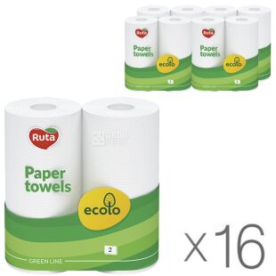Ecolo Paper towels, Упаковка 16 шт. х 2 рул., Паперові рушники Еколо, 2-шарові, 8 м, 45 аркушів, 225 х 180 мм
