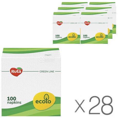 Ecolo, 28 упаковок по 100 шт., Салфетки столовые Эколо, однослойные, 24х24 см, белые