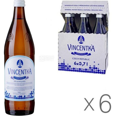 Vincentka, Упаковка 6 шт. х 0,7 л, Вода мінеральна Вінцентка, лікувальна, негазована, скло