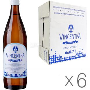 Vincentka, Упаковка 6 шт. х 0,7 л, Вода минеральная Винцентка, лечебная, газированная, стекло