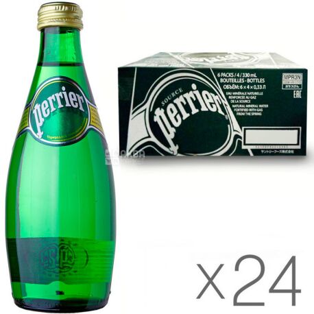 Perrier, Упаковка 24 шт. х 0,33 л, Перье, Вода минеральная газированная, стекло