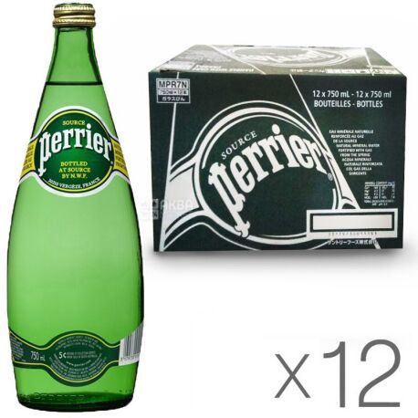 Perrier, Packing 12 pcs. 0.75 l each, highly carbonated water, mineral, glass, glass