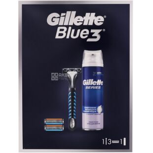 Gillette Blue 3, Подарочный набор для мужчин, Бритва + 3 кассеты + Пена для бритья