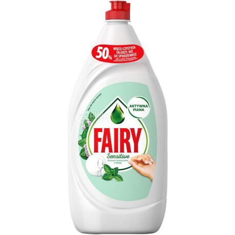 Fairy, 1350 мл, Средство для мытья посуды, Чайное дерево и мята, безфосфатное, концентрат, с дозатором