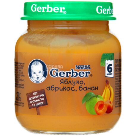 Gerber, 130 g, Fruit puree, Apple, Apricot, Banana, From 6 months