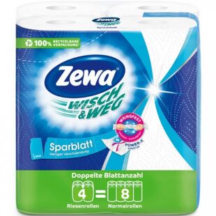 Zewa Wisch Weg, 4 рул., Паперові рушники Зева, 2-шарові, білі, 20,4 м, 148 аркушів, 140х260 мм