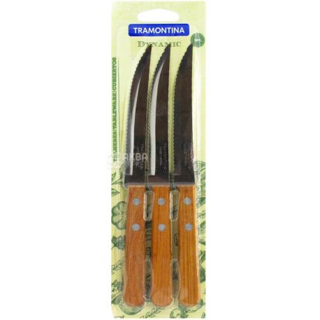 Tramontina Dynamic, 3 pcs, Knife set, for steaks, stainless steel, wood, 127 mm