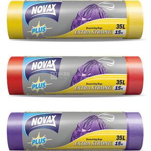 Novax, 15 шт, Пакети для сміття, з затяжкою, в асортименті, 35 л