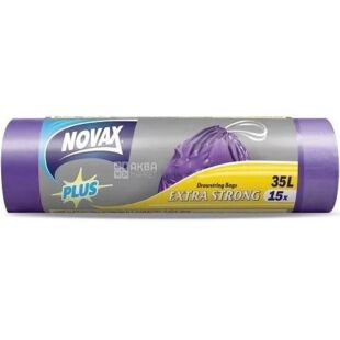 Novax, 15 шт, Пакети для сміття, з затяжкою, в асортименті, 35 л