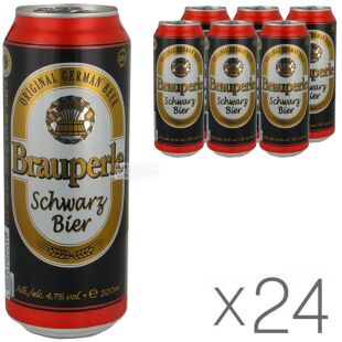 Brauperle Schwarzbier, Упаковка 24 шт.  х 0,5 л, Брауперле Шварцбир, Пиво темное, ж/б