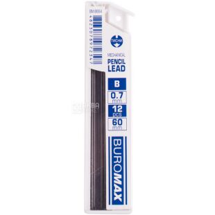Buromax, B, 0.7 мм, 12 шт., Стержни для механических карандашей, черные